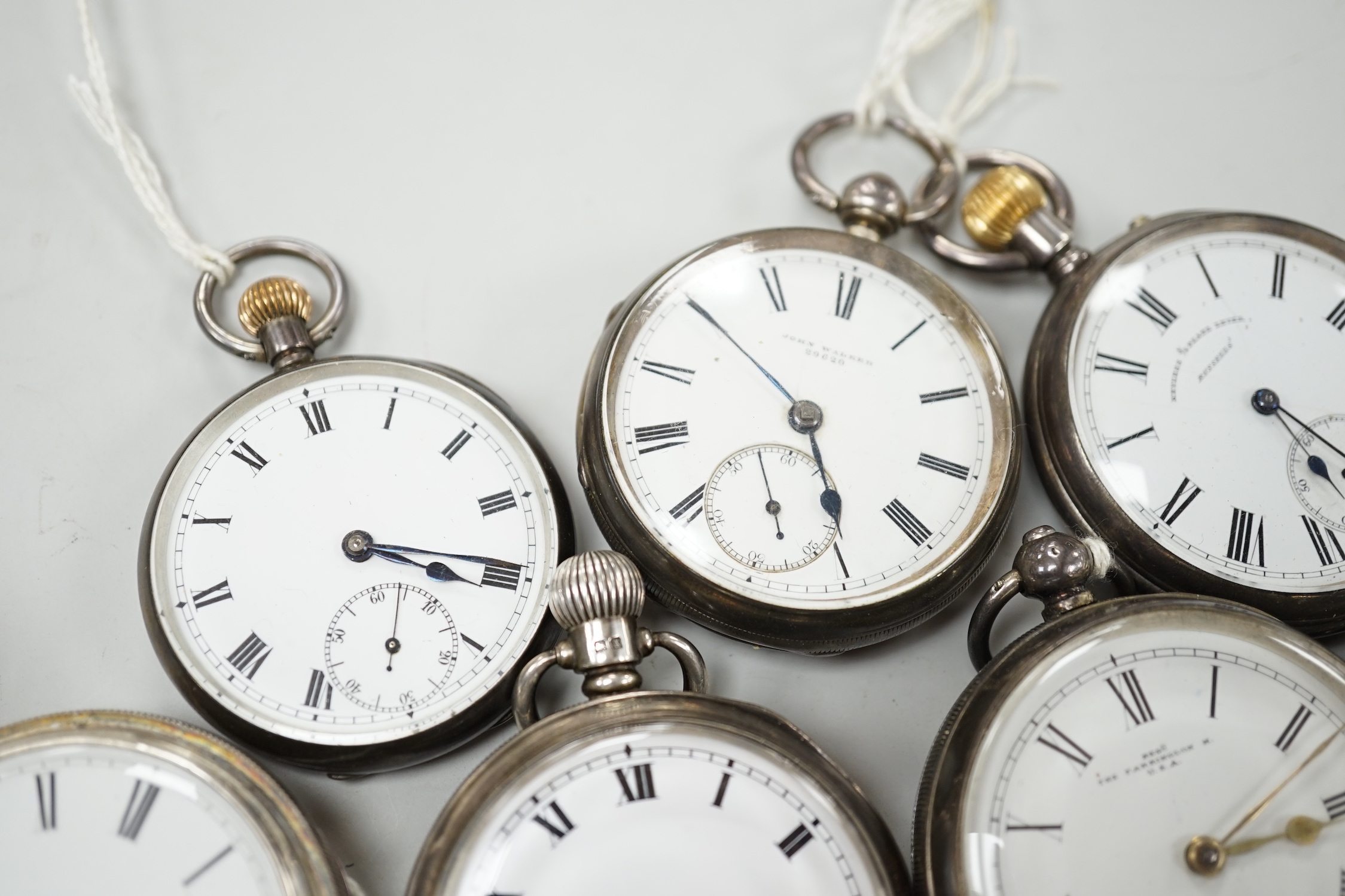 Twelve assorted mainly silver pocket watches including 'The Farringdon', Russell's and John Walker.